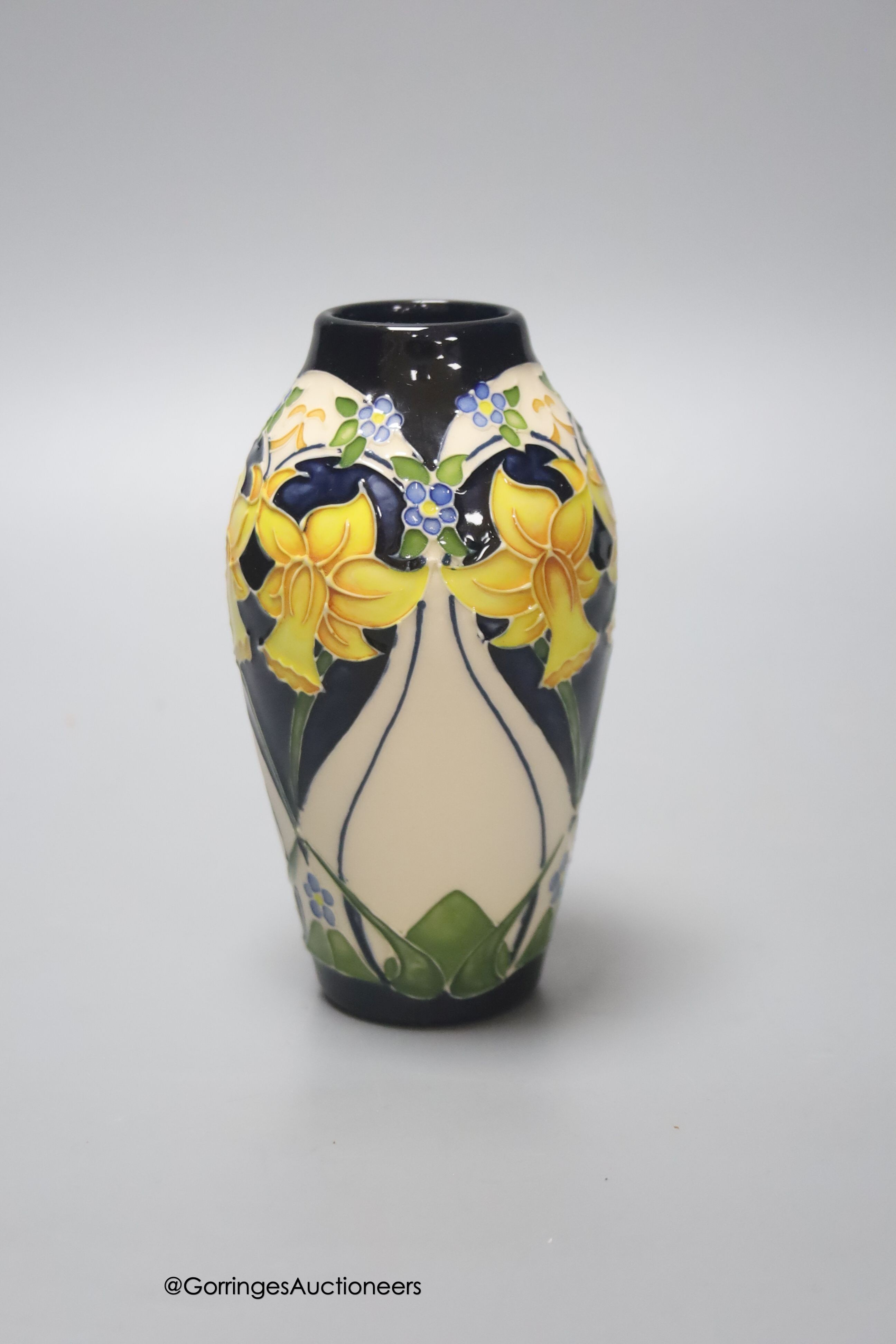 A Moorcroft limited edition daffodil vase, signed by designer Rachel Bishop, 41/50 height 14cm